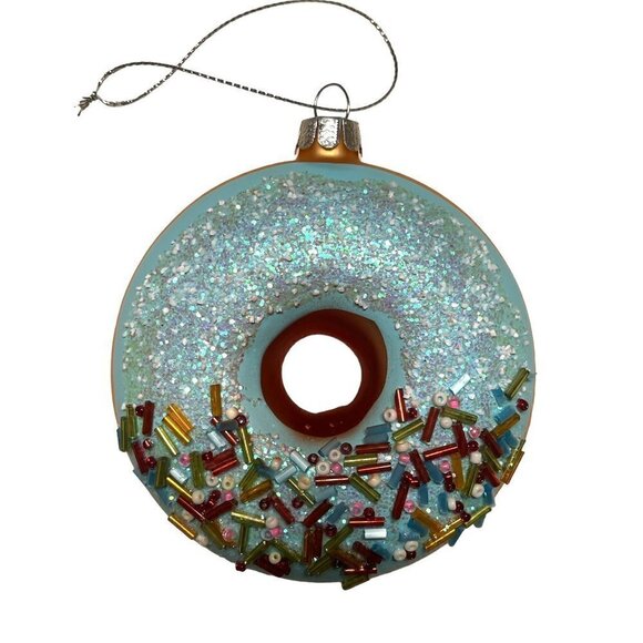 Party Rock Blue Iced Donut Glass Ornament - Glitter & Sprinkles - Picture 2 of 6